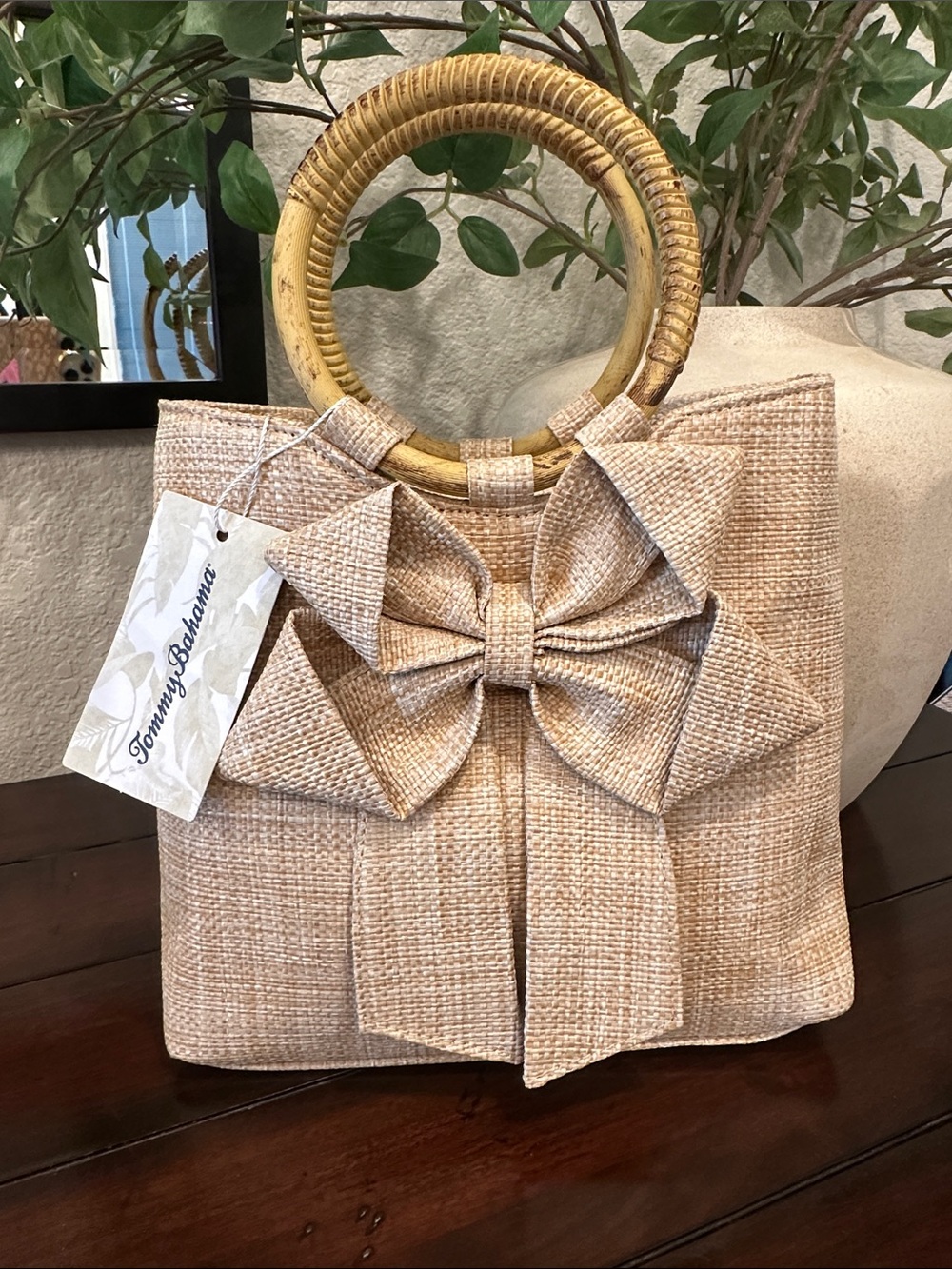 Tommy Bahama Natural Beige Straw Tote with Bow and Bamboo Handles
